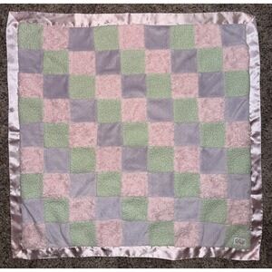 Cocalo Baby Blanket Pink Green Purple Plush Patchwork Squares Satin Trim & Back